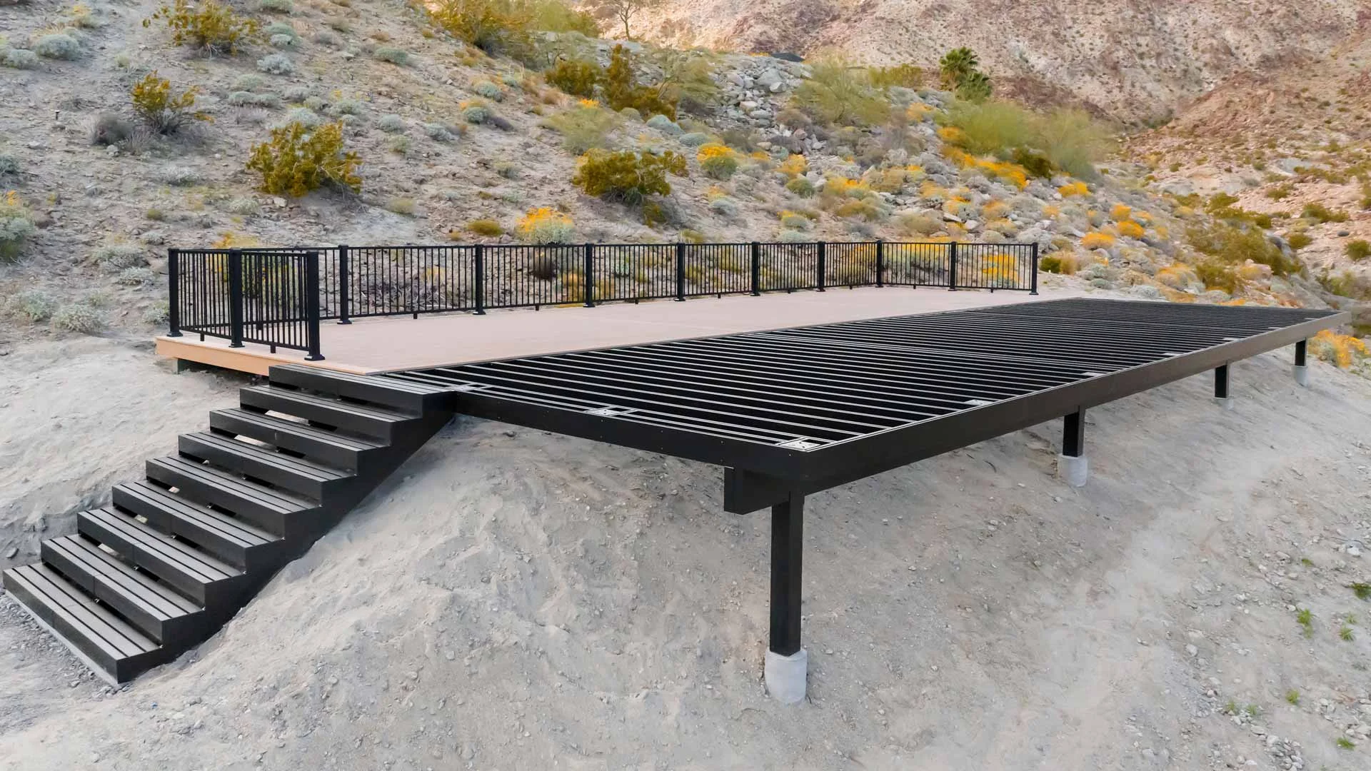 TimberTech aluminum deck framing with exposed joists and stairs